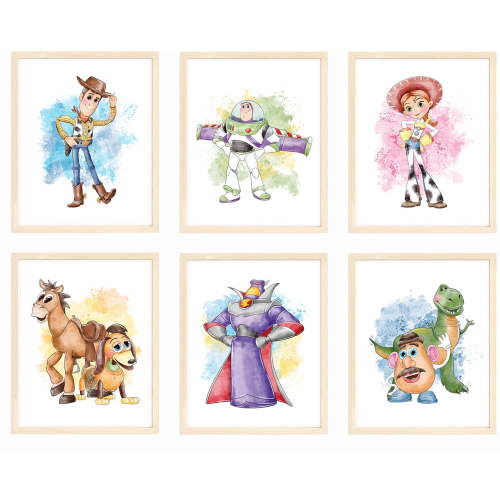 Nistio® Toy Story Watercolor Prints, Toy Story Wall Art Decor, Toy Story Poster, Woody Sheriff, Buzz Lightyear, Mr. Potato Head, Set of 6, 8x10 inches (Unframed)