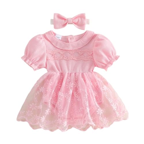 Douhoow Baby Girl Lace Dress Short Sleeve Baby Romper Dress Flowers Mesh Infant Girl Summer Clothes with Headband