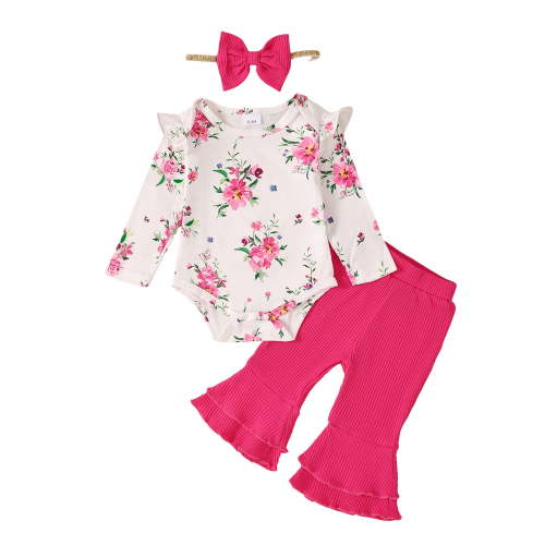 Newborn Baby Girls Clothes 3 Months Girls 3PCS Fall Winter Outfits Set Flower Print Newborn Girls Long Sleeve Top Pants Set with Headband Pink