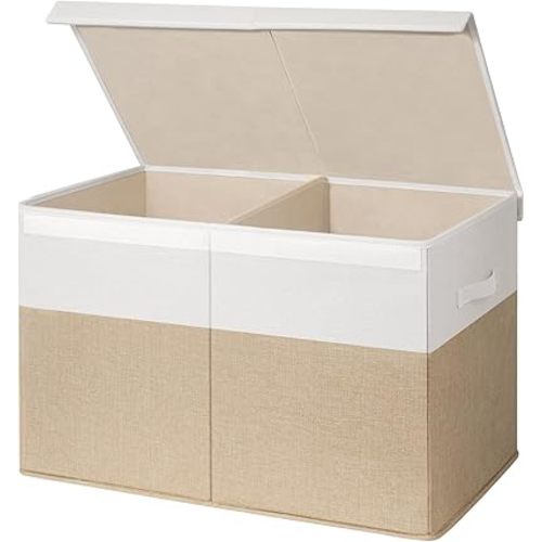 INDRESSME 25"x13"x16" Large Toy Box, Collapsible Bins with Lids, Toy Chest for Living Room, Storage Baskets for Blankets, Books, Clothes (Beige & White)