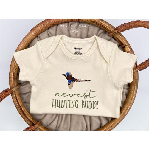 Embroidered Pheasant Newest Hunting Buddy Bodysuit • Hunting Pregnancy Announcement • Pheasant Bodysuit • Hunting Baby Announcement to Dad