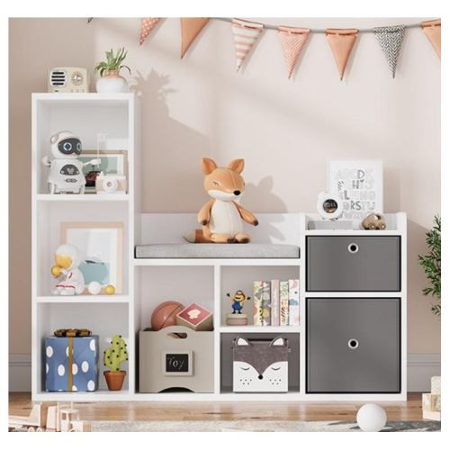 Kids Bookshelf Width Toy Storage Organizer with Reading Nook for Kids Room, Playroom, Nursery White Bookcase Seat Cushion