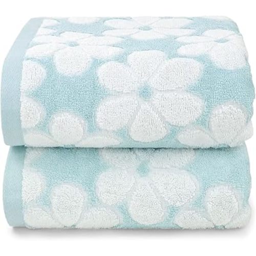 Pink Bath Towels Set of 2, Super Absorbent & Decorative 27.5x55 Inches, Cute Floral Jacquard Shower Towel for Bathroom, Cotton