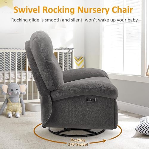 VANOMi Power Recliner Chair with USB & Type-C Charging, 270° Swivel Glider Rocker, Electric Nursery Recliner Dark Gray