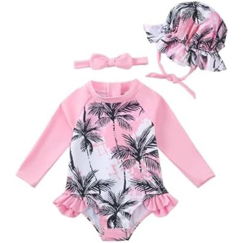 Renotemy Baby Girls Swimsuit Summer Infant Girl Bathing Suit Zipper Long Sleeve One-Piece Rash Guard Swimwear with Hat 3M-3Y