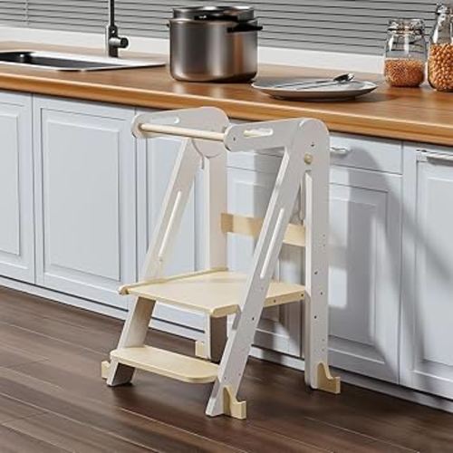 Kids Kitchen Step Stool, Foldable Toddler Tower, Height Adjustable Toddler Standing Tower with Safty Rail and Anti-Slip Device, Wooden Stool for 1.5-6 Years(White-Wood)