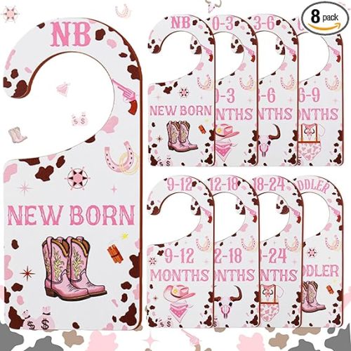 Baby Closet Dividers 8PCS, Western Cowgirl/Wild West Rodeo Themed Wooden Double-Sided Clothes Size Hanger Organizer from Newborn to Toddler for Nursery Decor Baby Shower Birthday Gift Pink