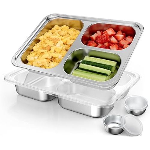 Bakpoco Stainless Steel Divided Plate for Kids Toddler, Non Toxic Portion Control Plate Dinner Plate with Lid for Adults Weight Loss, 2 Pack 3 Sections Rectangular Snack Plate Tray