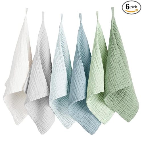 Konssy 6 Pack Baby Muslin Washcloths for Unisex 100% Cotton Wash Cloth Set for Baby Face Body Comfy and Soft for Newborn Infants Kids Girls and Boys - Blue