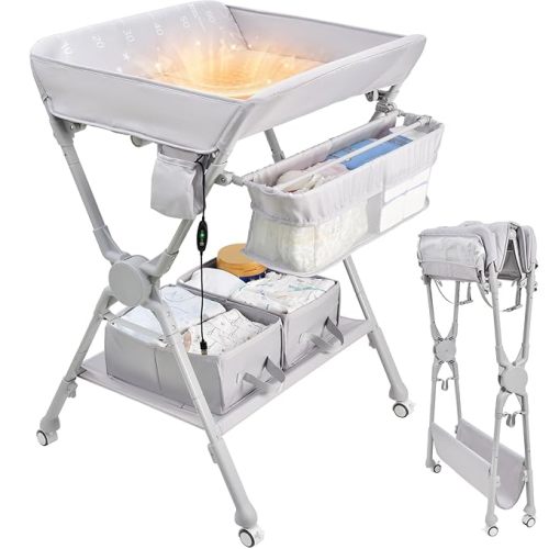 Baby Changing Table, Auto Warmer Portable Folding Changing Table with Wheels, Waterproof Diaper Changing Station with 2 Drawers, Adjustable Height, Baby Changing Station for Infant, Newborn