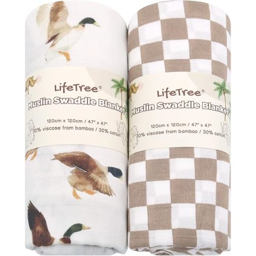 LifeTree Baby Swaddle Blankets, Boys Girls Muslin Swaddling Wrap Receiving Blanket for Newborn, 70% Viscose from Bamboo and 30% Cotton, Large 47" x 47", Duck and Coffee Checkered