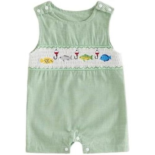Newborn Baby Boys Sleeveless Seersucker Romper One Piece Straps Overalls Striped Jumpsuit Summer Smocked Clothes