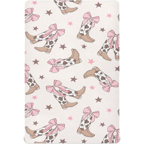 Bows Cowgirl Boots Western Crib Sheets Soft Breathable Fitted Baby Crib Sheets Mattress Cover for Girl Boys, 52" x 28" x 9"