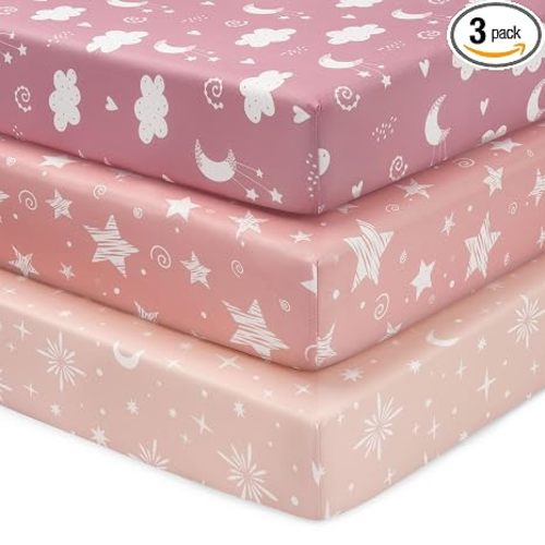 Baby Mini Crib Sheets Girl, Portable 38”x26” Pack and Play Sheets Fitted for Playard and Pack N Play Mattress, 3-Pack Soft Microfiber Pink Stars