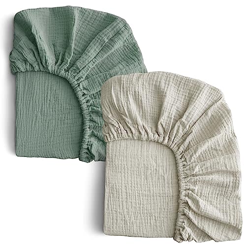 COSMOPLUS-Muslin-Crib-Sheets-for-Girls-Boys-Neutral-Baby,2 Pack Boho Crib Matress Sheet,Fitted Crib Sheet for Standard Crib Mattress & Toddler Bed Mattress,Organic Cotton,Slate Green & Light Gray