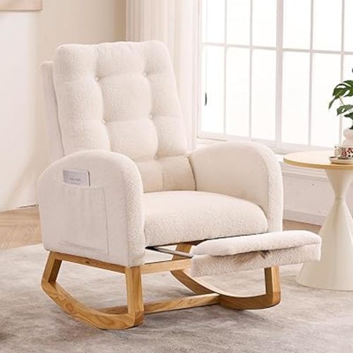 Nursery Rocking Chair,Rubber Wood Base Glider Rocking Chair with Adjustable Footrest and Side Pocket,Teddy Fleece Glider Rocker for Living Room, Bedroom (Teddy Fleece, Beige White)