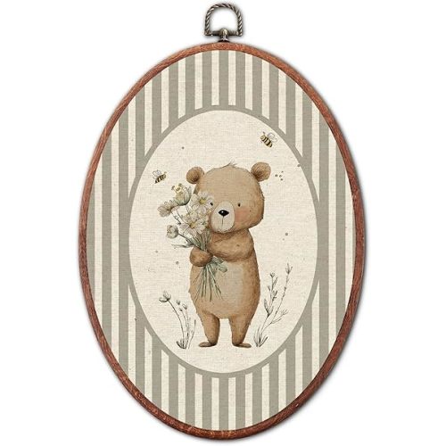 Vintage Bear Wildflowers Nursery Oval Wall Art Framed, Grey Striped Framed Canvas Prints, Unique Retro Boy or Girl Gift Hanging Wall Decor for Kids Toddler Room Bedroom Playroom, 8.6x11.4 Inch