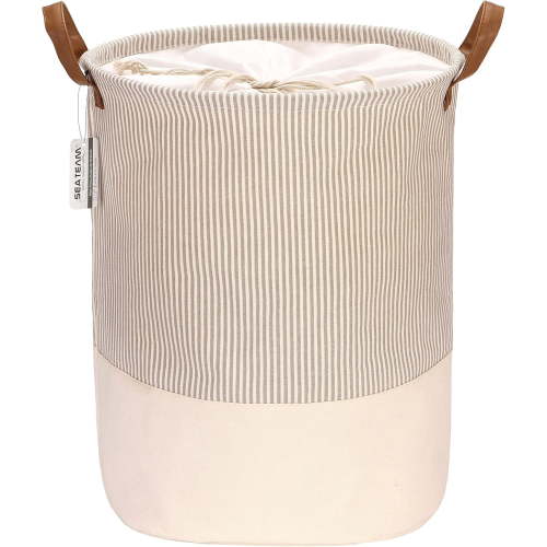 Sea Team Stripe Pattern Laundry Hamper Canvas Fabric Laundry Basket Collapsible Storage Bin with PU Leather Handles and Drawstring Closure, 17.7 by 13.8 inches, Waterproof Inner, Grey