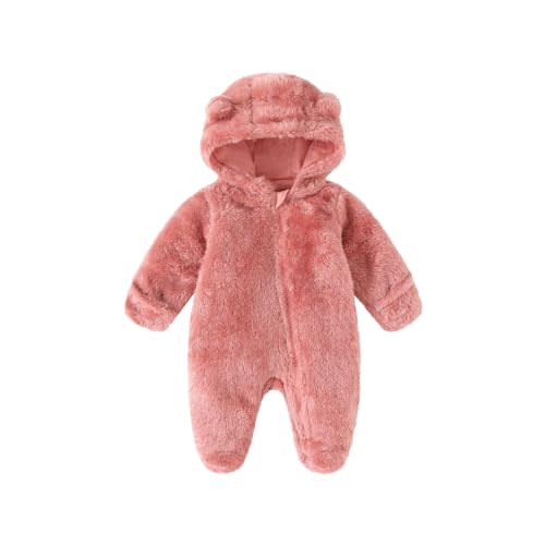 Baby Winter Romper Fleece Snowsuit with Footed Design, 0-18 Months | Soft hand fleece, bear ears hood, fold cuffs, footed zipper suit keeps baby warm in cold weather.