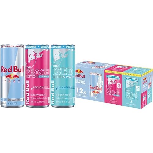 Red Bull Energy Drink SugarFree Variety Pack, Zero, Peach, Iced Vanilla Berry, with 80mg Caffeine, Taurine & B Vitamins, 8.4 fl. oz, Pack of 12 Can