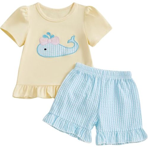 fhutpw Toddler Baby Girls Summer Clothes Smocked Short Sleeve T-Shirt Tops Ruffled Plaid Short Sets Cute Outfits 2Pcs