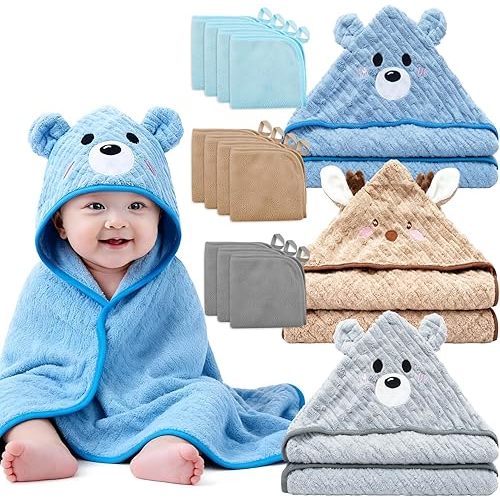 14 PCS Thicken Baby Towels Set, 3 PCS Soft Hooded Baby Towels & 11 PCS Washcloths, Baby Bath Towels for Newborns, Infants & Toddlers, Ultra Absorbent, Cute Baby Towel Gift for Boys