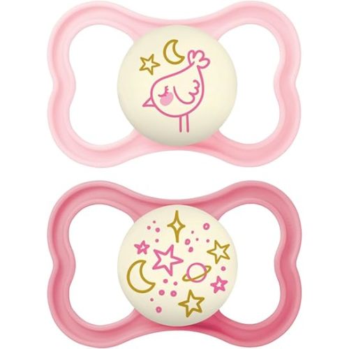 MAM Supreme Night Baby Pacifier, for Sensitive Skin, Patented Nipple, 2 Pack, 6-16 Months, Girl,2 Count (Pack of 1)