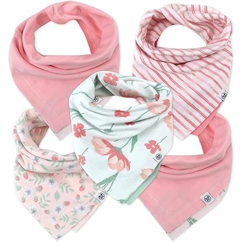 HonestBaby Girls Organic Cotton Bandana Drool Bib Multipack, 5-Pack Strawberry Cream, One Size
