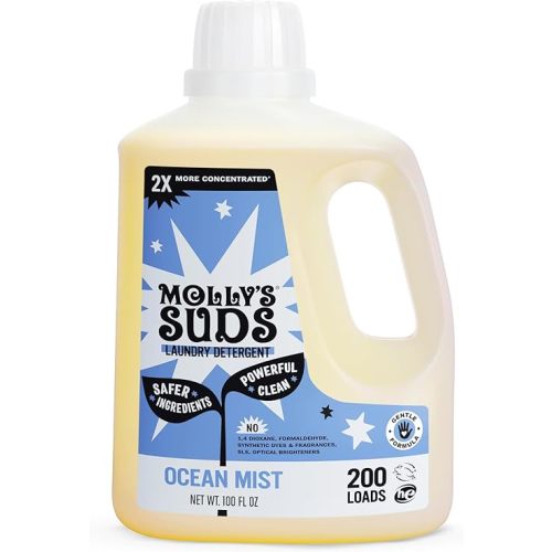 Molly's Suds Liquid Laundry Detergent | Clean Laundry Detergent Soap for Sensitive Skin | 2x Concentrated, High Efficiency (HE) (Ocean Mist - 200 Loads)