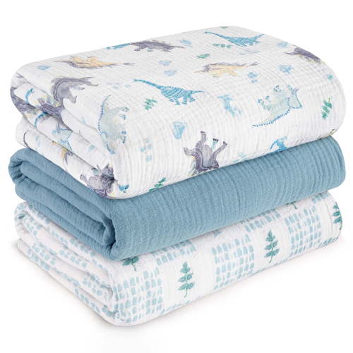 Gllquen Baby 3-Pack Muslin Organic Cotton Swaddle Blankets for Newborn Infant Boys Girls 38"x40", Tropical Dino