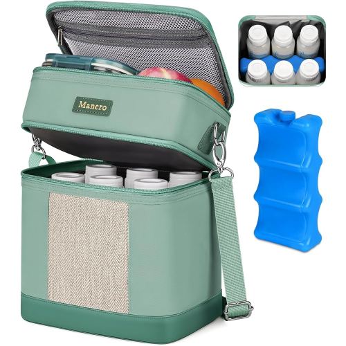 Mancro Breastmilk Cooler Bag with Ice Pack, Double Layer Breast Milk Cooler Bag Fits 6 Bottles Up to 9 Ounces, Breast Pump Bag with Cooler for Daycare & Nursing, Green