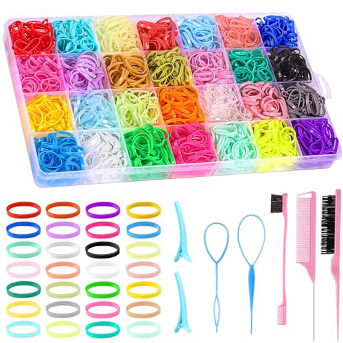 BESARME Mini Hair Ties Set, 1500 pcs, 28 Colors with 8 Styling Tools | Soft elastic rubber, organizer box, for baby toddler girls and women, ponytails braids buns