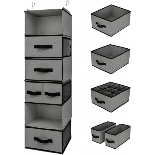 GRANNY SAYS Hanging Closet Organizer 6 Shelves, Closet Organizers and Storage with 5 Drawers, 6 Side Pockets Closet Hanging Organizer, Hanging Storage Organizer for Closet, Baby Clothes, Gray