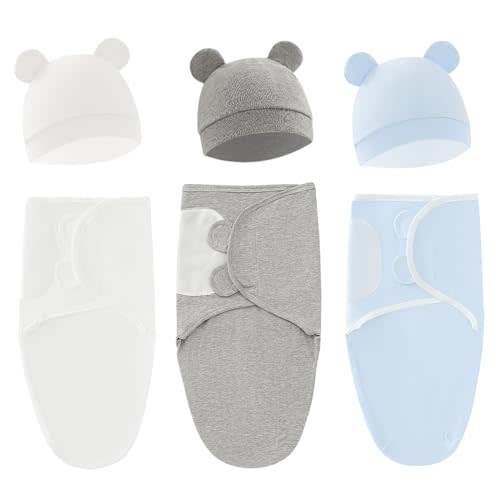 3-Pack Unisex Baby Swaddles for Newborns with Hat White/Grey/Blue | Cotton Sleep Sacks Nursery Swaddling Blanket for 0-3 Months Infant Registry Essentials Adjustable & Easy Fastener