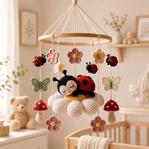 Crochet Ladybug Baby Mobile, Flower Crib Mobile, Garden Nursery Decor, Butterfly Baby Shower Gift