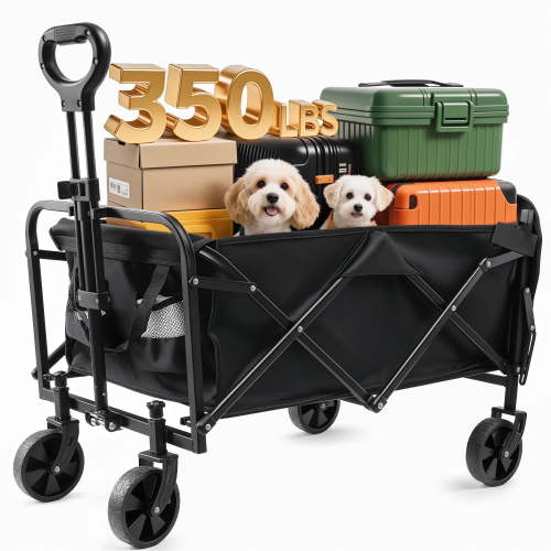 ALLJOY Collapsible Wagon Folding Garden Shopping Cart Foldable Utility Lounge Beach Wagon for Camping, Beach, Picnic, Shopping, Sports, and Grocery Transport,Black