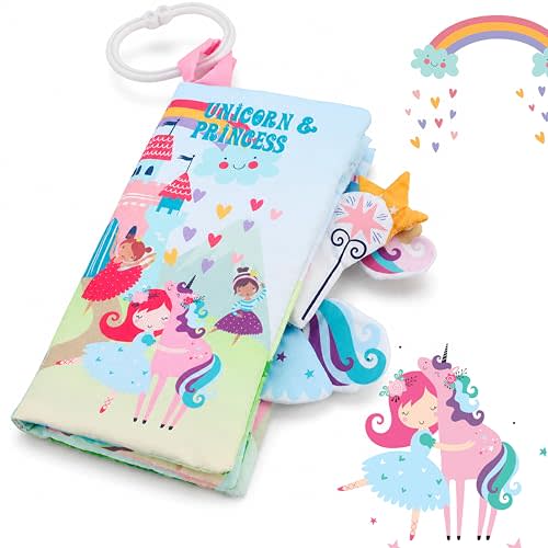 Baby Books 0-6 Months, Crinkle Cloth Books for Babies, Infant Tummy Time Toy, Touch and Feel Sensory Toys 6-12 Months, Soft Stroller Travel Toy,Baby Shower Birthday Gifts for Girls-Pink Blue Unicorn
