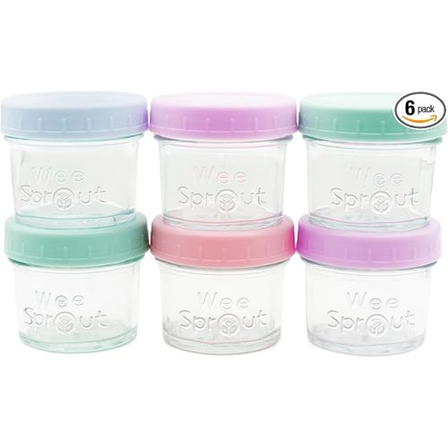 WeeSprout Baby Food Storage Glass Jars w/Lids (4 oz, 6 Pack) Pastel Variety, Snack, Reusable Small Containers, Fridge or Freezer, Microwave & Dishwasher Safe, Essentials for Infants