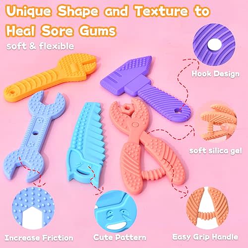 Baby Teething Toys for 0-6 / 6-12 Months - Molar Teether Chew Toys Set BPA Free Silicone, Soft Textures - Hammer Wrench Scissors Shape Gift 5-Pack