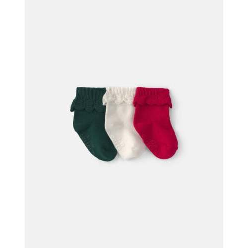 Baby Girl 3-Pack Christmas Foldover Ruffle Bootie - Green/Cream/Red | Carter's