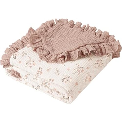Konssy 100% Cotton Muslin Baby Blanket with Ruffle Trim for Girls, 43"x39"