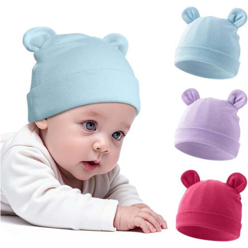 3 Pcs Cotton Newborn Hats for Unisex, Bear Ears Baby Girl Boy Beanie Hat for Newborn, Infant, Toddler Cap