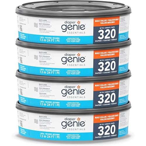 Diaper Genie Essentials Lot de 4 recharges rondes | Peut contenir jusqu'à 1280 couches pour nouveau-né | Caractéristiques d'un film continu non parfumé | Compatible avec les seaux Diaper Genie