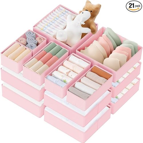 Criusia Drawer Organizer Clothes, 21 Pack Dresser Organizer for Baby Clothes, Underwear, Sock - Foldable Closet Organization and Storage Dividers Bins for Nursery, Bedroom (Pink)