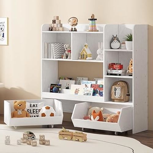Toy Storage Organizer, Kids Bookshelf and Cabinet for Boys and Girls, Muti-Functional Kids Display Bookcase and Storage Bin with Moveable Drawers for Children Nursery Room (White)