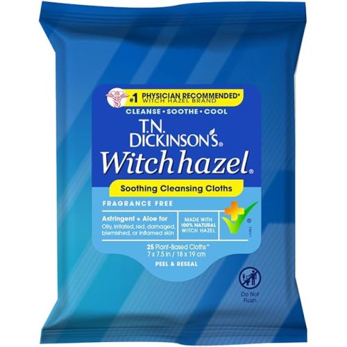 T.N. Dickinson's Witch Hazel Soothing Cleansing Cloths | Removes Dirt, Oil, Impurities | For Oily, Irritated, Red, Damaged, Blemished, Sensitive Skin | 25 Total Wipes