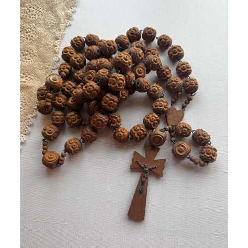 Antique Lourdes Pilgrimage Rosary- Large Hand Carved Wooden Beads with Crucifix