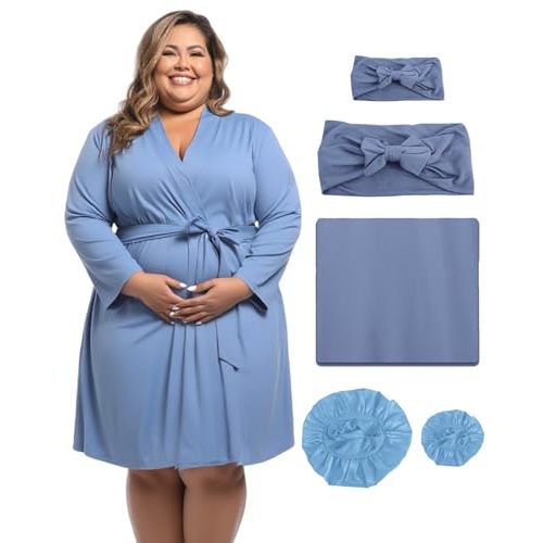 SUFEINI Maternity Robe and Matching Swaddle Blanket Set, Plus Size Women Postpartum Robes Sleepwear New Mommy Gift
