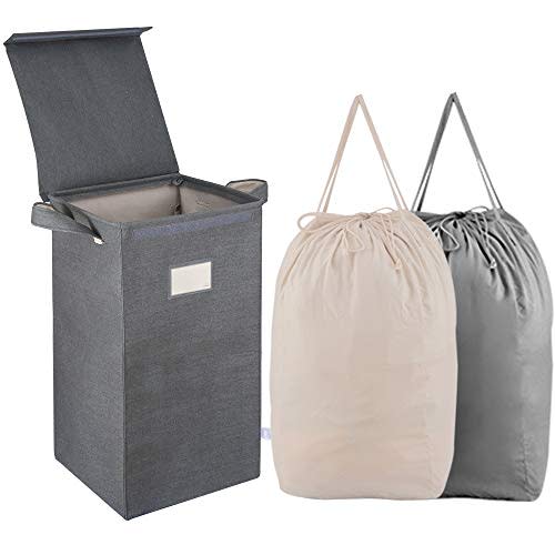 MCleanPin Laundry Hamper with Lid and 2 Removable Liners, Collapsible Dirty Clothes Hamper with 2 Handles, Foldable Baby Nursery Hamper Dorm Room Storage Laundry Bags for College,(Grey)