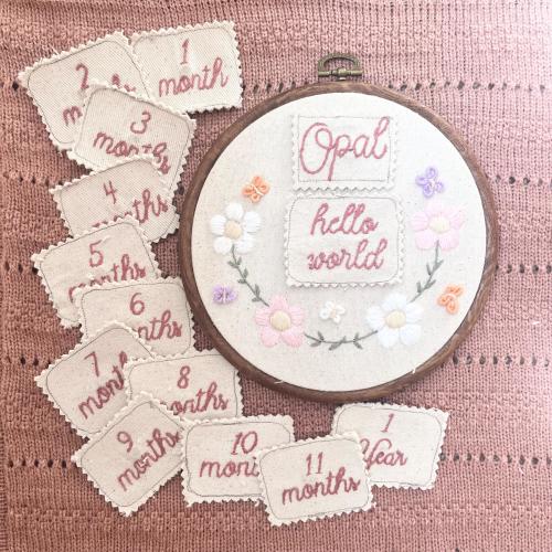 Personalized Monthly Milestone Embroidered Interchangeable Numbers and names Custom Colors Hand-Stitched Keepsake Gift Monogrammed